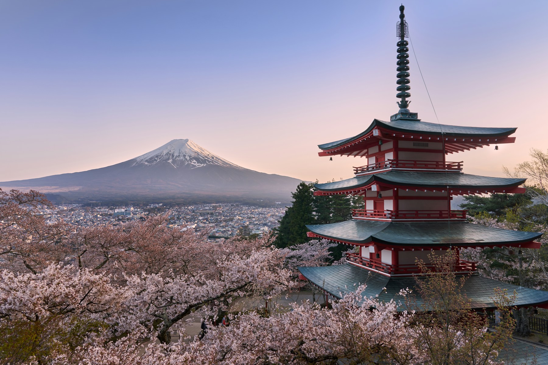 Chureito pagoda, cseresznyevirágok és a Fudzsi Japánban